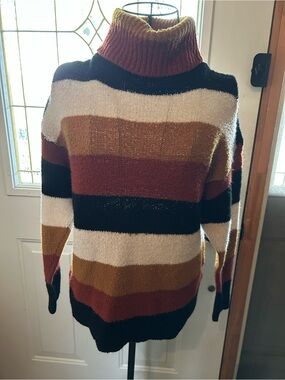 Revamped Striped Turtleneck Sweater in Black, Cream, Rust & Mustard